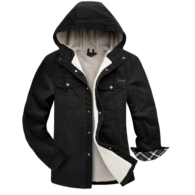 

Beautiful Size Men's Plus Velvet Solid Color Jacket Casual Long-sleeved Shirt Autumn and Winter Hooded Lamb Velvet Jacket Plus Size Top, Black;brown
