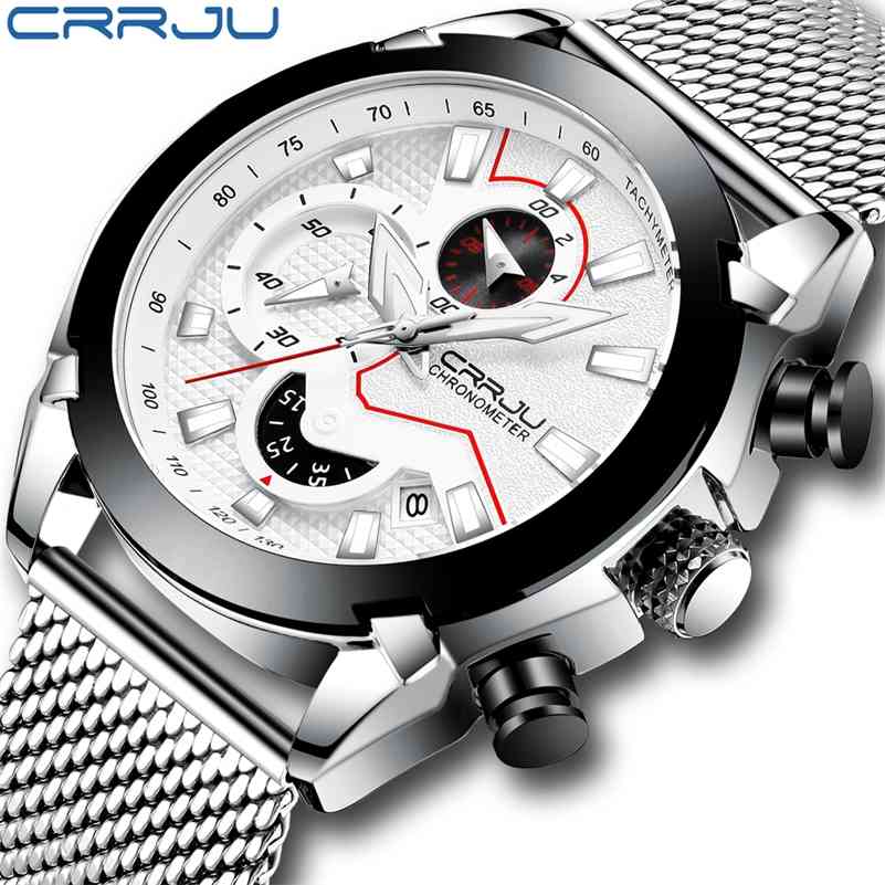 

Top Brand CRRJU Men Watch Luxury Sports Chronograph Full Stainless Steel Waterproof Business Quartz Watch Relogio Masculino 210517, Silver white