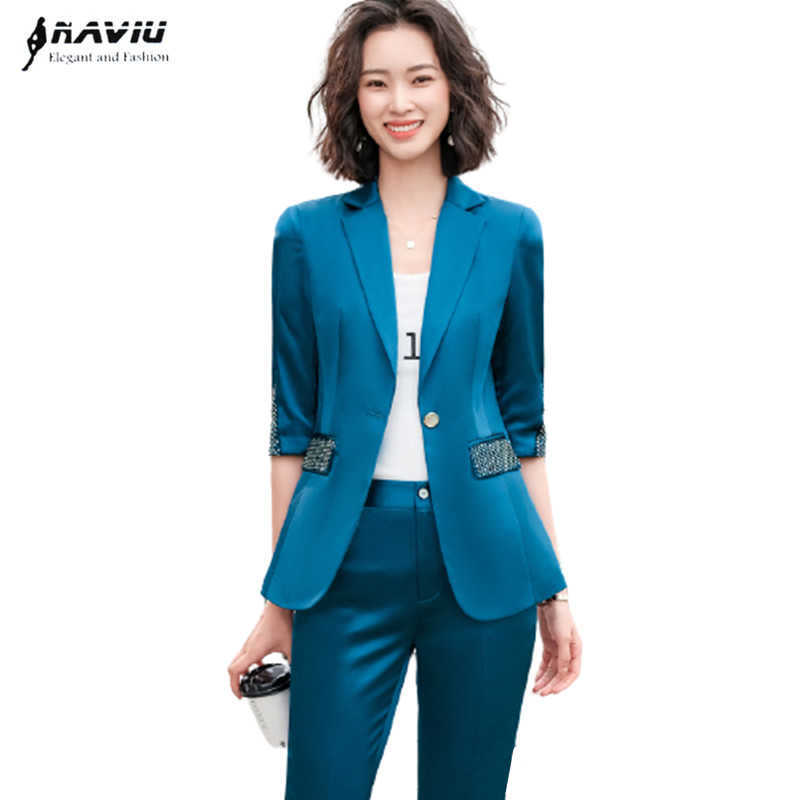 

Blue Pants Suit Women Top High Quality Satin Half Sleeve Blazer and Trousers Office Ladies Business Work Wear 210604, Blue coat and pants