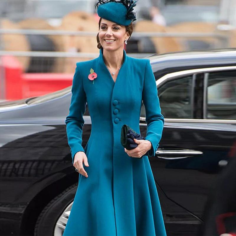 

Casual Dresses Princess Kate Designer Autumn Winter Women Coat Dress High Street Quality Vintage Elegant Party Office Blue Midi