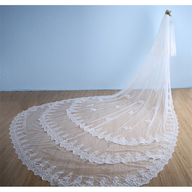 

2021 Luxury Wedding Veil Ivory 4m*3m Bridal Veils with Comb Tulle Floral Applique Shining Sequins Beads