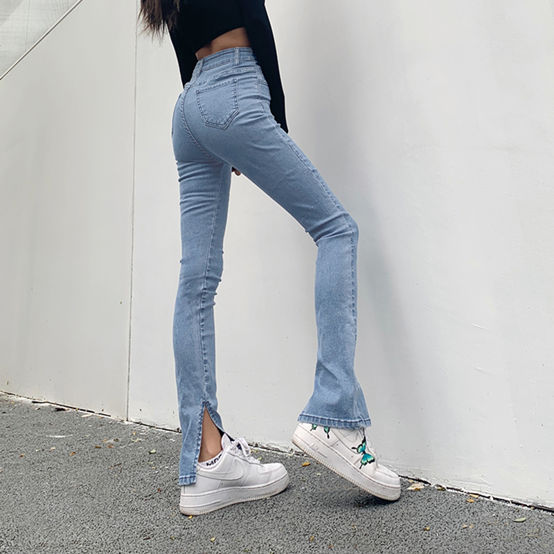 

2021stretch jeans woman 2021 high waist femme split pencil tight denim skinny trousers flared pants women donna bell bottom jeans, Blue
