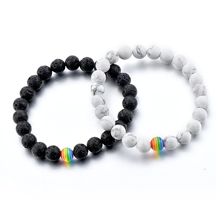 

relationship bracelet 2 pieces white howlite, black lava rock, rainbow resin oil diffuser beads gay couples strong cord handmade, Golden;silver