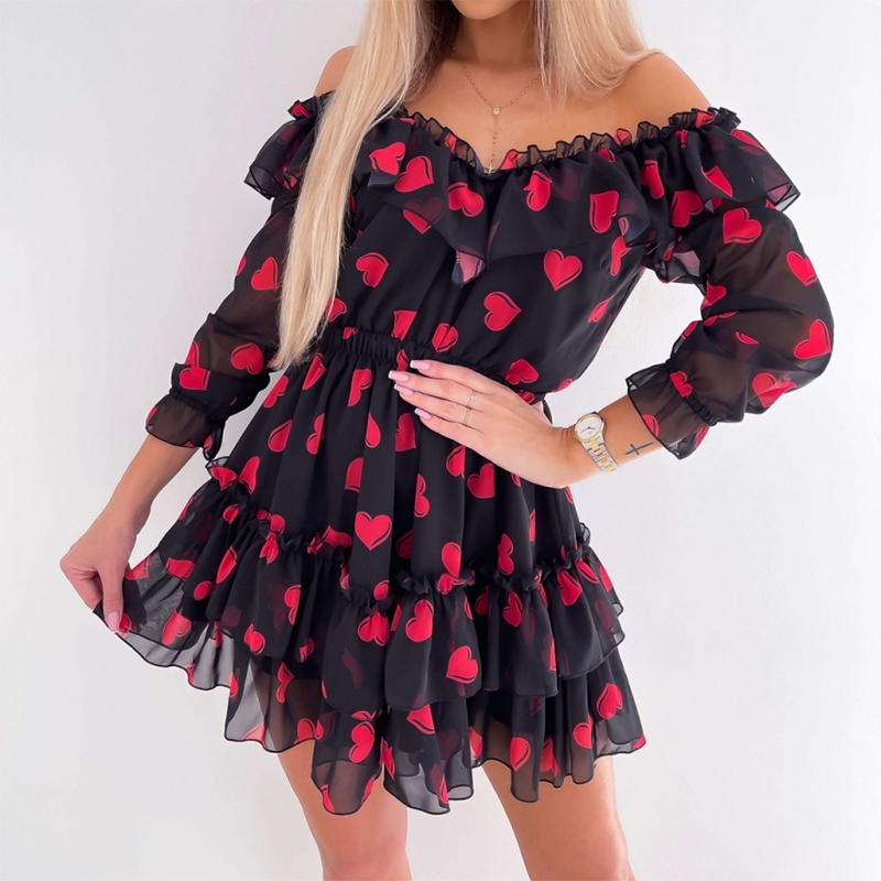 

2021women off shoulder ruffles flower print dress 2021 spring long sleeve elegant party dress female chiffon beach holiday vestidos, Black;gray
