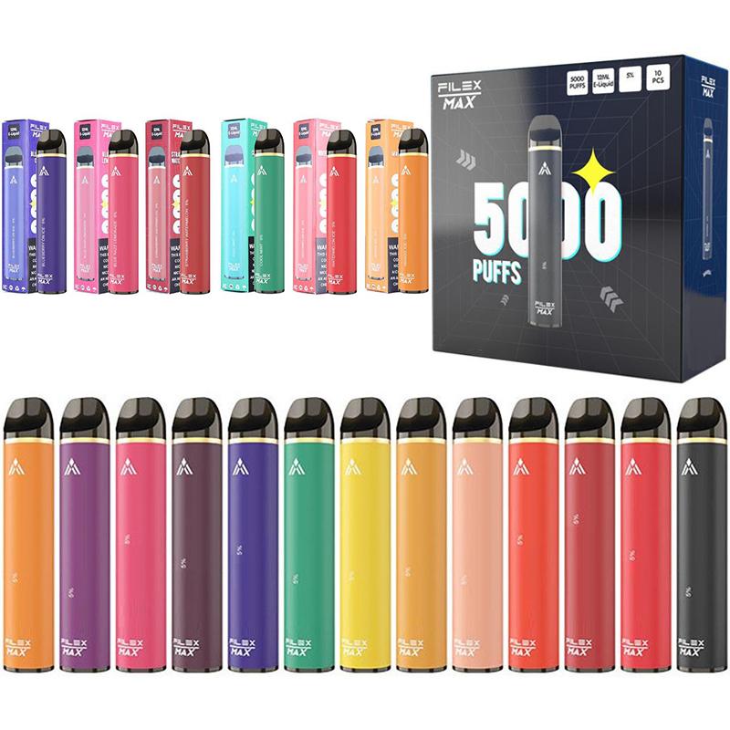 

2021 Disposable Vape 5000 Puff Filex Bar Max Electronic Cigarette 12ml Capacity Pods Device 1100mah Chargeable Battery 13 Colors