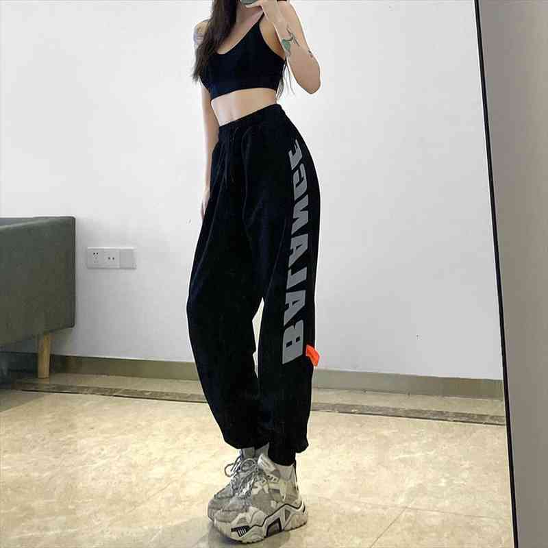 

Summer Hong Kong Style Letterprint Elastic Waist Sports Casual Trousers For Women Versatile Skinny Leg Pants, Black;white