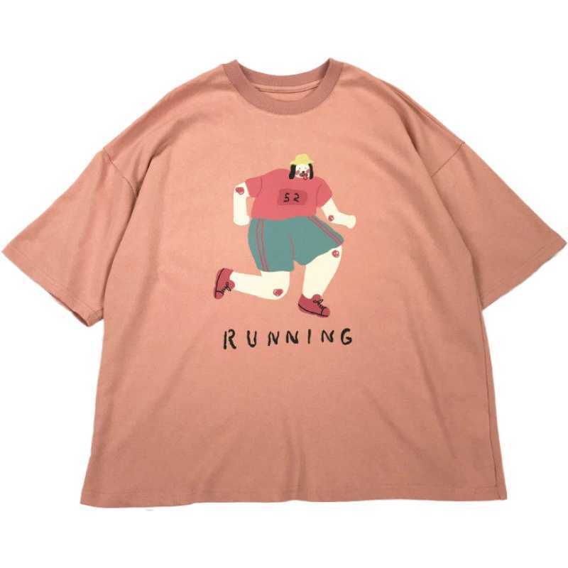 

Merry Pretty Summer Women Cotton T-shirt O Neck RUNNING Print Ladies Loose Tshirts Tops Pink Oversied T Shirt Harajuku Tee Top 210526