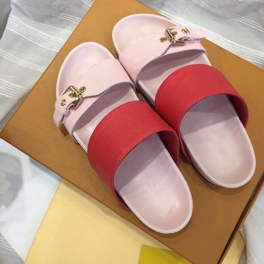 

Women Summer Slippers BOM DIA Flat Mule Sandals Ladies Gold-Tone Buckles Two Straps Slides Shoes With Gift Box, Pink-red