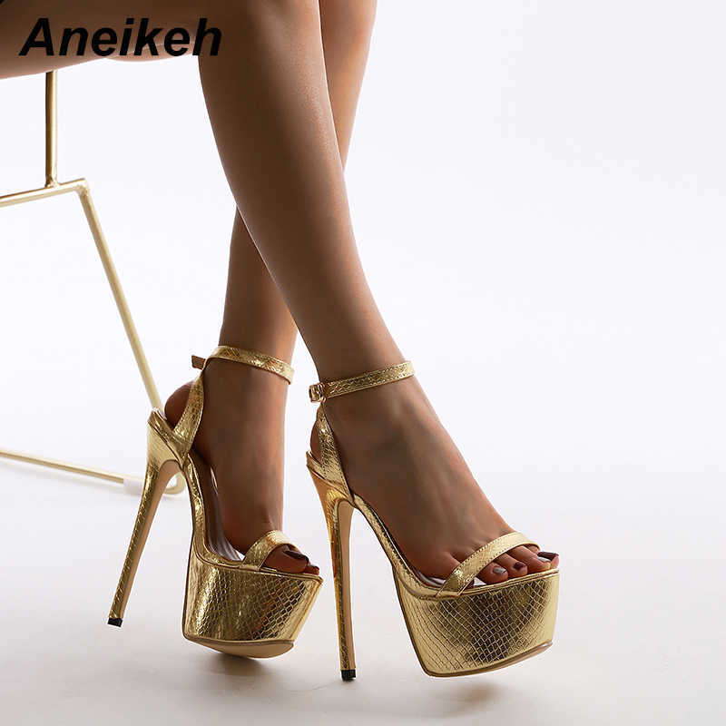 

Aneikeh Sexy Sandals Women Bling Golden PU Peep Toe Stripper High Heel Summer Fashion Buckle Strap Thin Heels Slides 210608