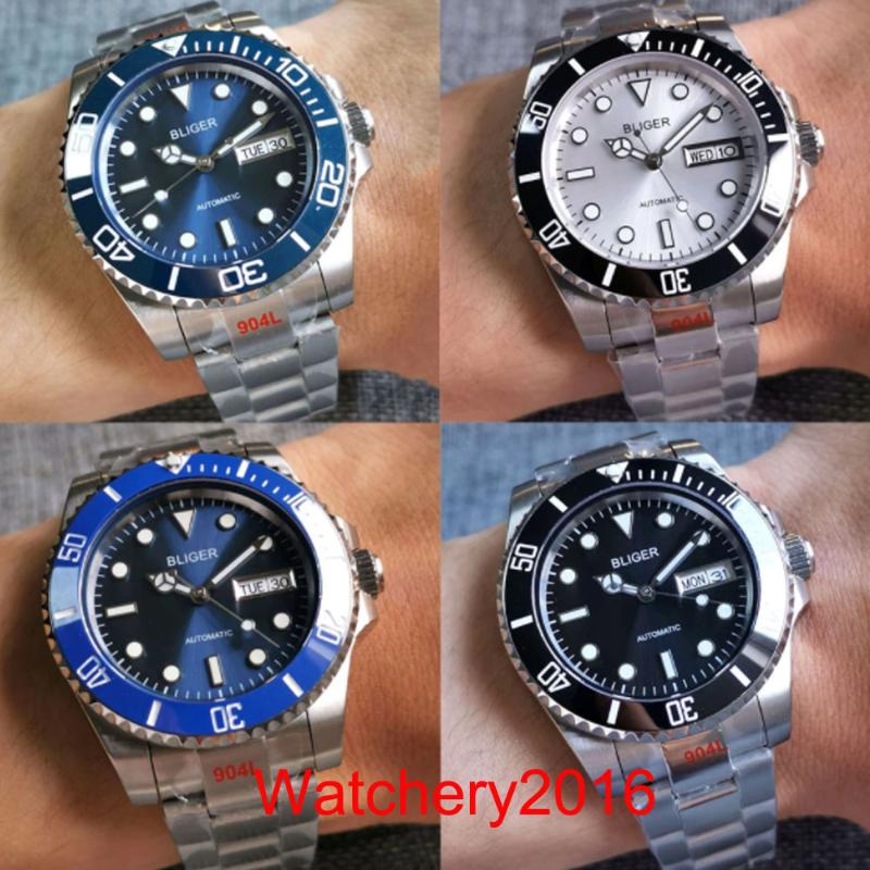 

Wristwatches 40MM Case SUB 24 Jewels NH36A SelfWinding Men's Watch Series Day Date Brushed Oyster Strap Flat Sapphire Glass, Black nologo