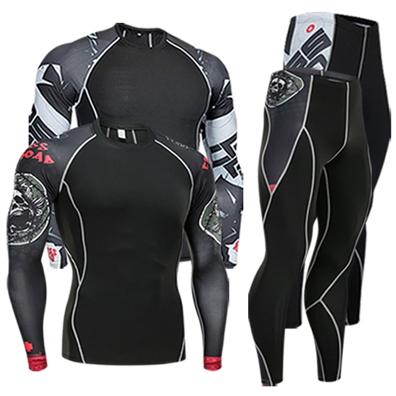 

men's clothing compression men t-shirt + leggings rashgard kit long sleeves top for fitness man tracksuit thermal underwear base 211110