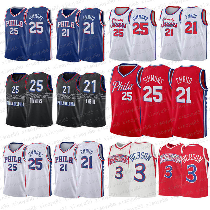 

2021 News Mens Basketball Jerseys 21EMBIID 25SIMMONS 3IVERSON Basketballs Jersey, Black;red