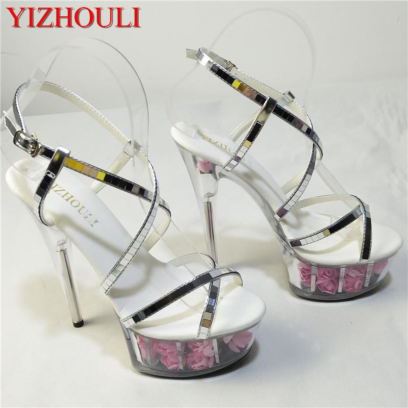 

Sexy Rose Crystal Bride Wedding Shoes 15cm High-heeled Female Sandals 6 Inch Flower, Black