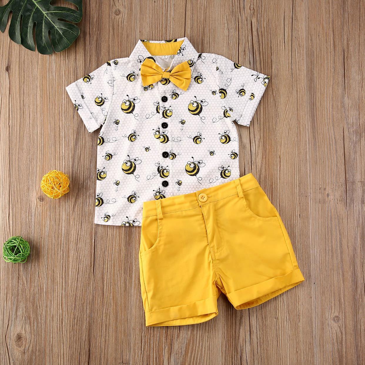 

toddler baby boy clothes summer cute honeybee print short sleeve shirt pants 2pcs outfits gentleman, White