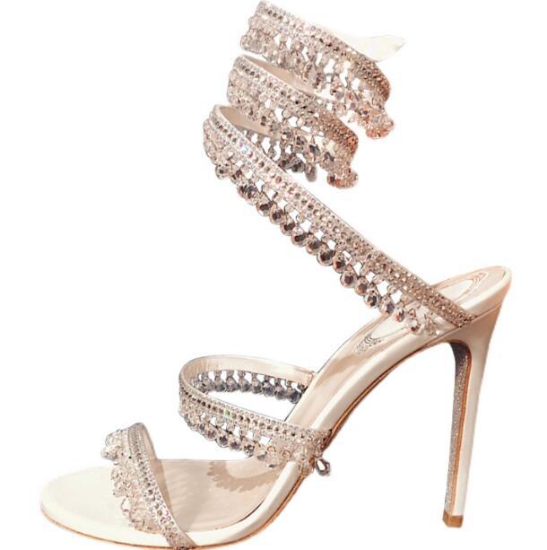 

Dress Shoes Drop Woman White Nude Snake Shaped Crystal Pendants Sandals Female Cross Bling Diamond Stiletto Heels Wedding, Nude 7 cm