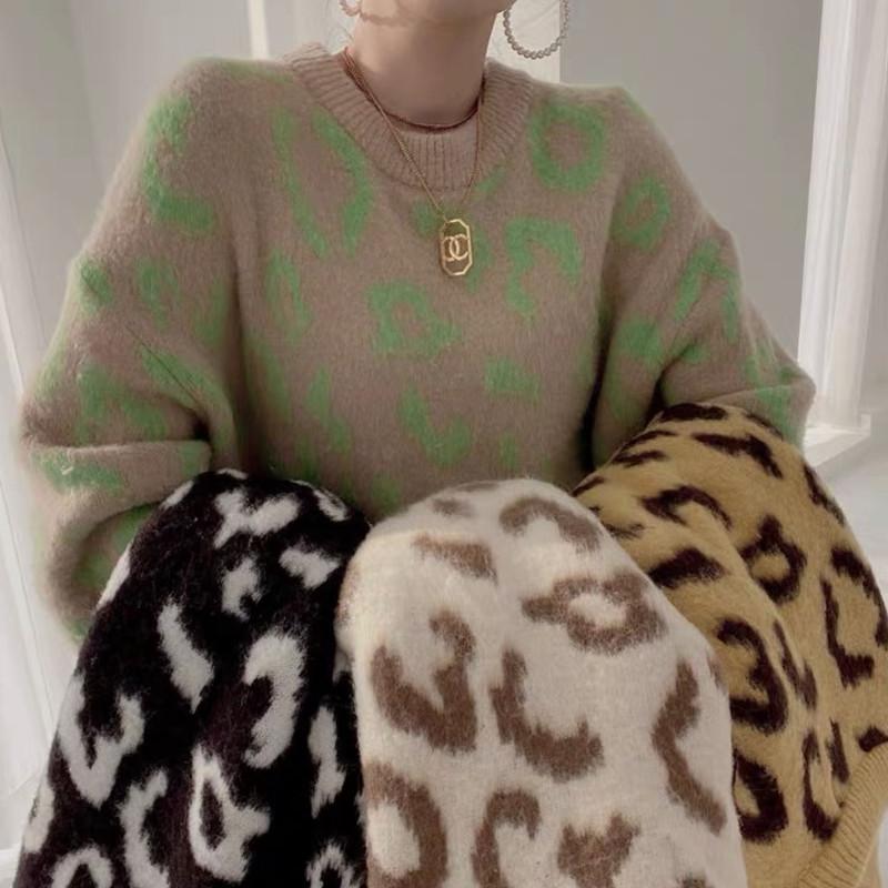 

Women's Sweaters Korean Chic Autumn Personality Wild Round Neck Leopard Design Loose Casual Long-sleeved Thick Warm Knitted Sweater, White;black