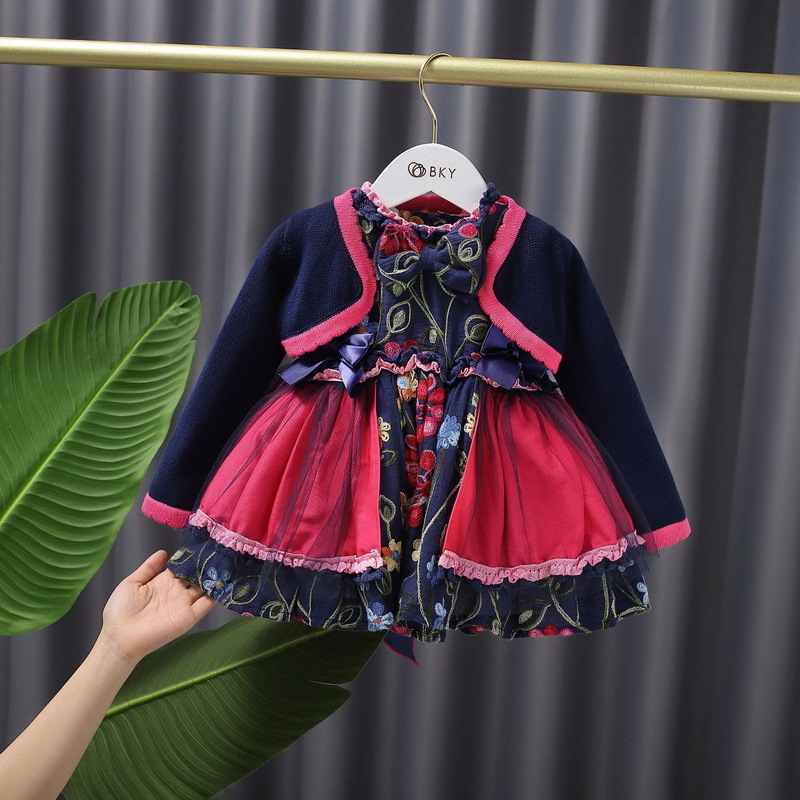 

Girl's Dresses Spring Teenager Girls 2-pcs Sets Sweater Open Stitch Jacket+ Sleeveless with Bow Sashes Children Clothes E1140 QRXV