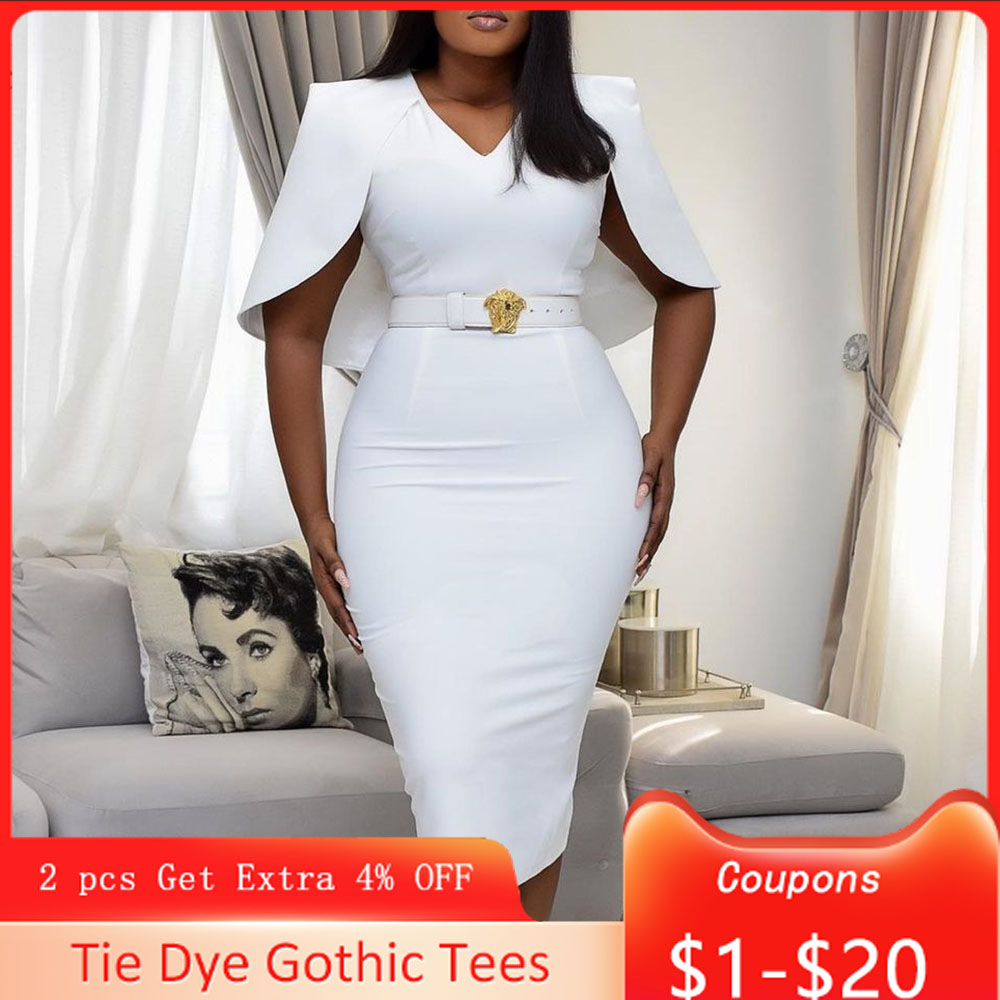 

African Sexy Women V-Neck Half Sleeve Bodycon Dress Pure White Mid-Calf High Waist Party Dresses Elegant Vestidos Robes OL Chic, Blue