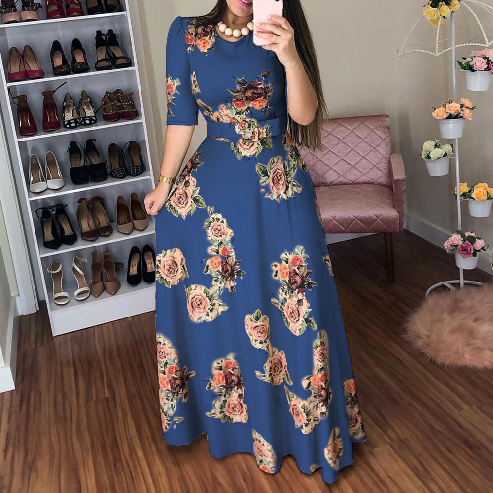 

plus size dress 3xl women floral printed 1/2 half sleeve v neck blue long dress robe femme office lady vestidos, Black;gray