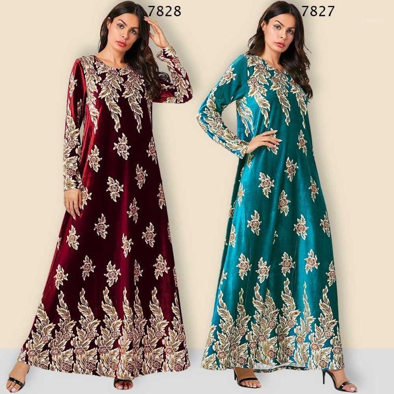 

Casual Dresses Autumn Winter Muslim Arab Velvet Abaya Kaftan Fashion Women's Maxi Dress Gowns Loose Style Print Warm Robe Islamic Clothing, Black