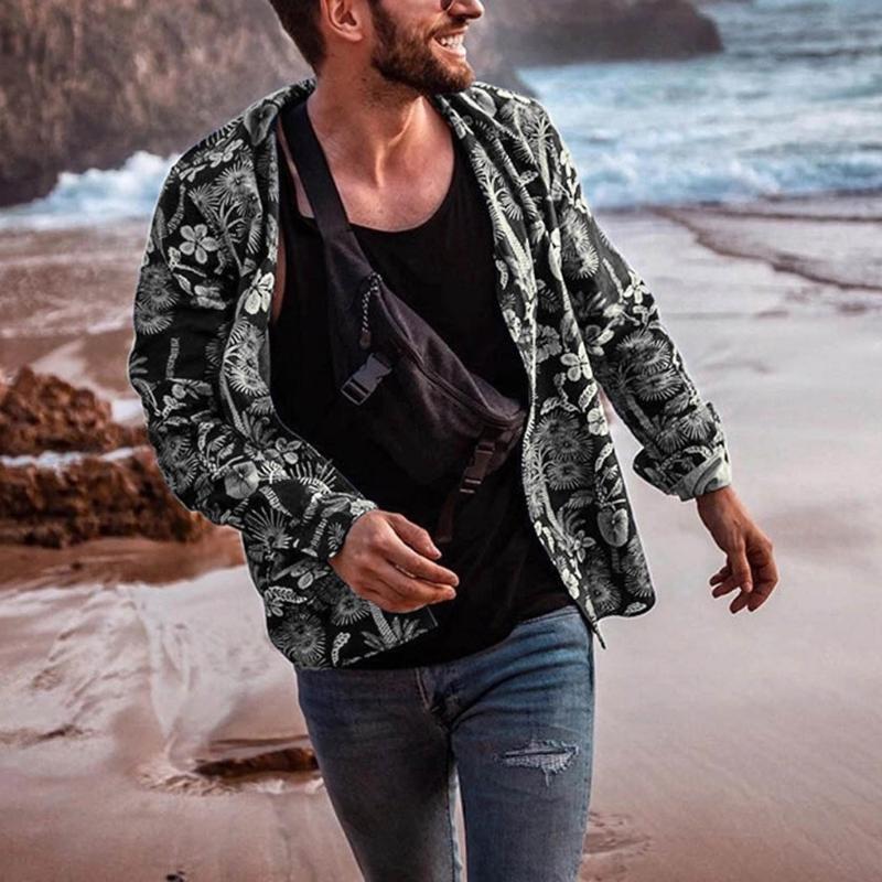 

Printed Beach Men Shirts 2021 Casual Button Long-Sleeved Shirt Single Pocket Slim-fit Youthful Outerwear Chaquetas Hombre Men's, Black