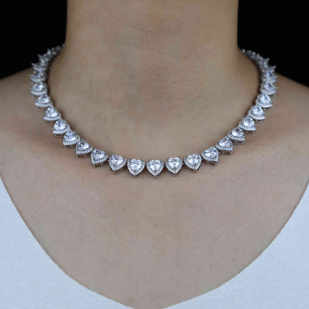 

Iced Out bling cz prong Heart Necklace & Pendant With Tennis Chain Gold Color Bling Cubic Zircon women Hip hop Jewelry For Gift X0509