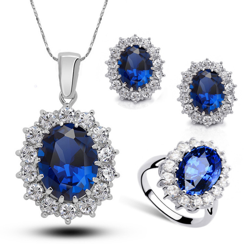 

Princess The Same Sapphire Ring Earrings Necklace Set Ladies Crystal Diamond Jewelry Europe and South Korea INS Net Red Models