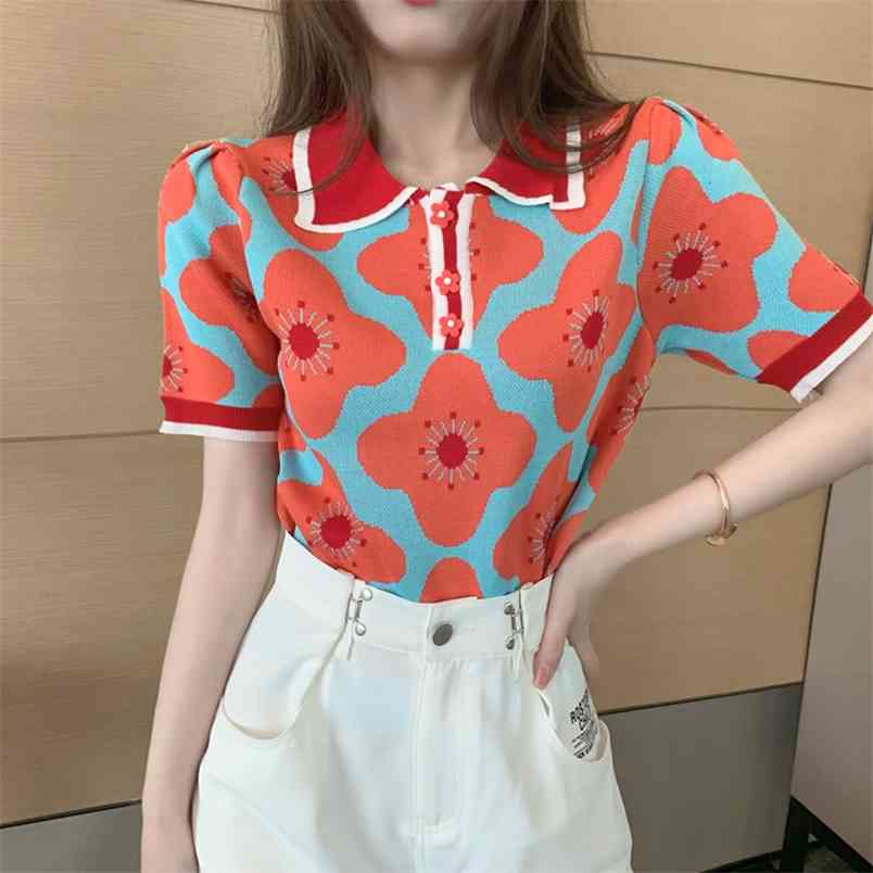 

Korea Chic Summer Temperament Elegant Sweet Flowers Turn Down Collar Short Sleeve Pullover Knitted Sweaters Women' Tops 210519, Picture color
