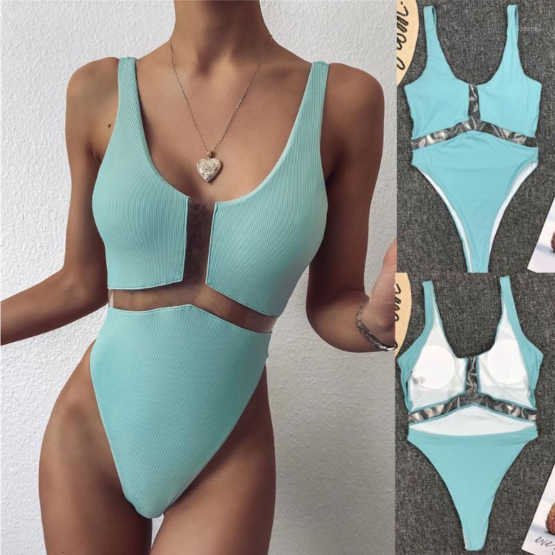 

Women' Swimwear Sexy Swimsuit High Waist Bikini 2021 Women Solid One Piece Bather Ribbed Bathing Suit Swim Female Beachwear, As pic