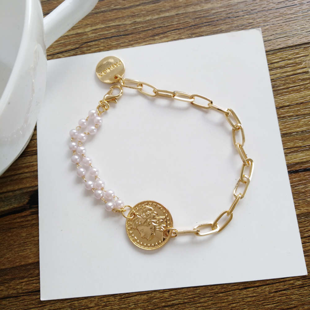 

Simple niche design InStyle Bracelet creative asymmetry cool fashion portrait bracelet pearl 1205, Golden;silver