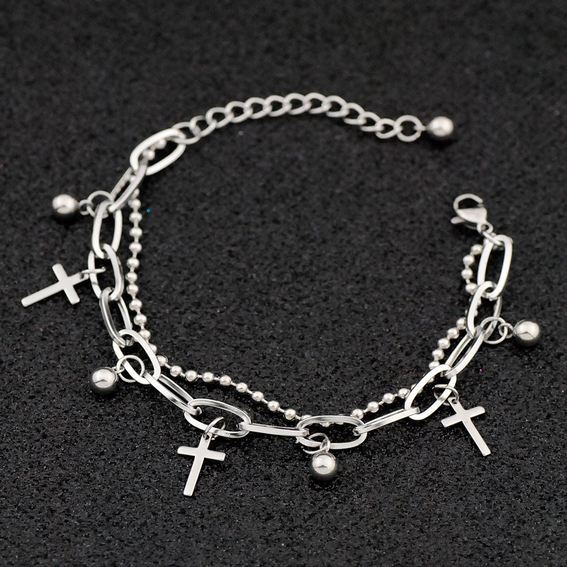 

Gothic Hip Hop Metal Cross Pendant Charm stainless steel Bracelet for Women Female Beads 2 Layering Linked Chain Bracelets Cool Jewelry Gift
