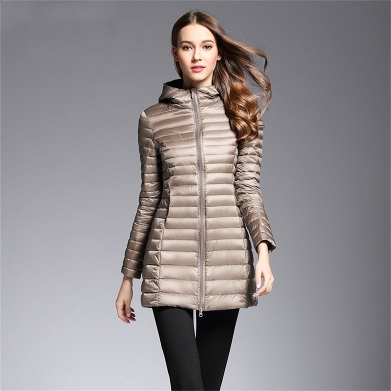 

Women White Duck Down Jacket Fashion Autumn Winter Ultra Light Medium Long Puffer Coat Ladies Casual Hooded Parkas 210525, Black