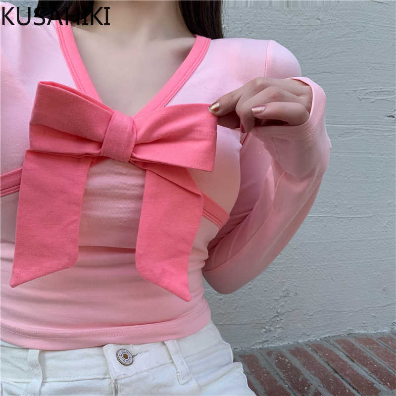 

Bowknot Hit Color Patchwork Slim Graphic Tee Korean Long Sleeve V-neck Basic Woman Tshirts Sexy Spring Tops 6G257 210603, Pink