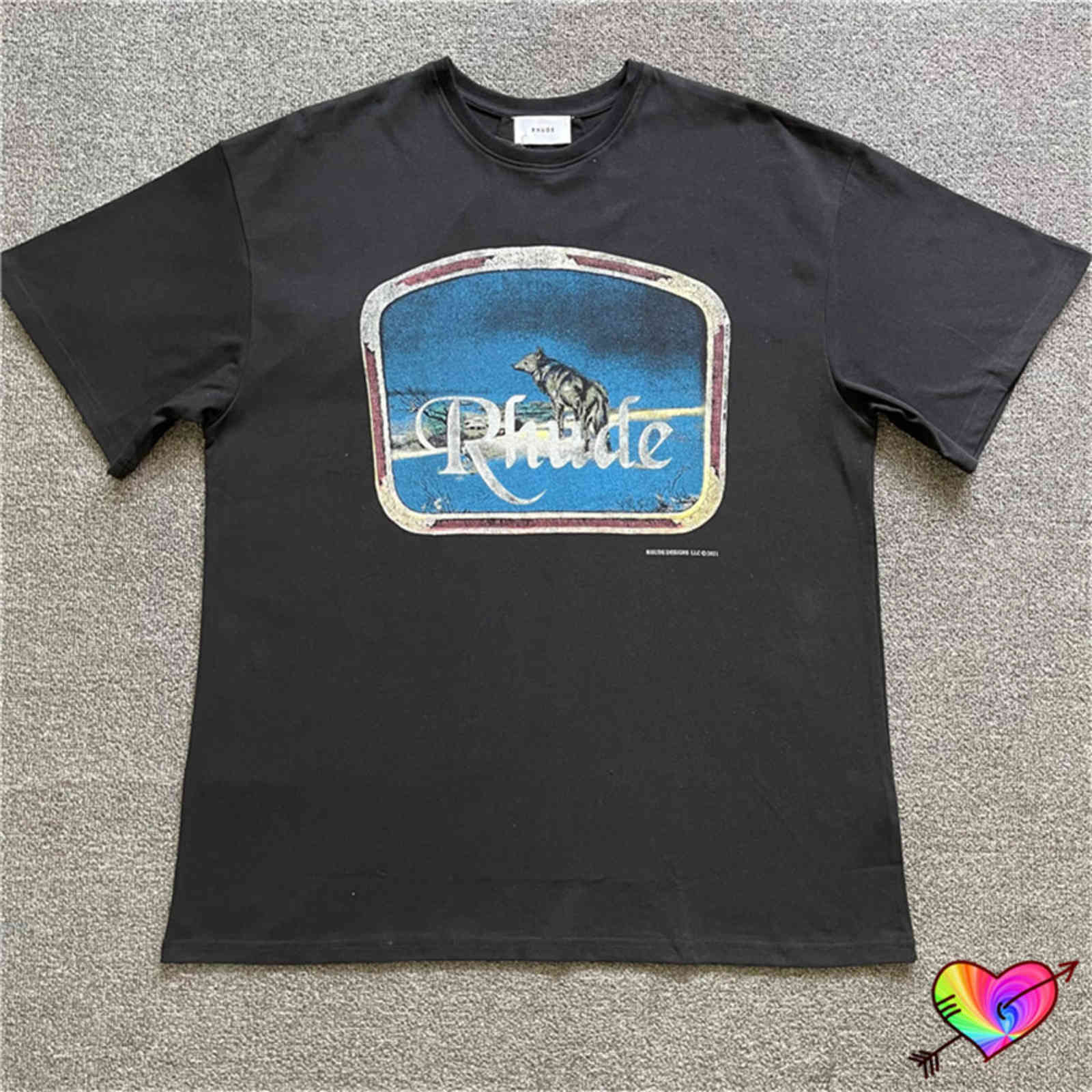 

Rhude T-shirt 2021 Men Women 1:1 High Quality Multicolor Graphic Print Lone Wolf Tee Vintage Tops Wash Short Sleeve, White;black