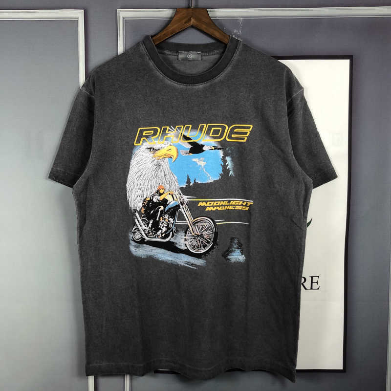 

American fashion brand rhude motorcycle Eagle print wash used T-shirt high street men's and women's loose Short Sleeve Tee, Gray