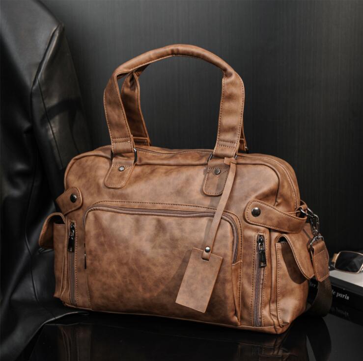

Wholesale men leathers shoulder bags multifunctional pocket decoration business briefcase vintage frosted leather handbag large horizontal fashion travel bag, Gray
