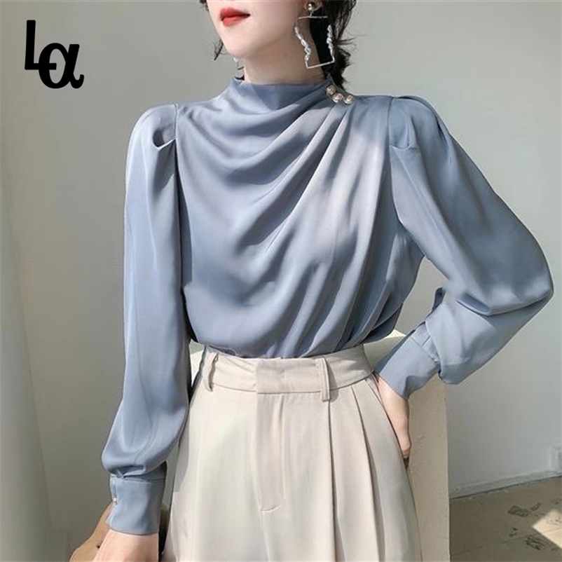 

Women Spring Solid Botton Turtleneck Blouse Female Long Sleeve Elegant Work Clothes Lady Korean Style Satin Shirts 210519, Black