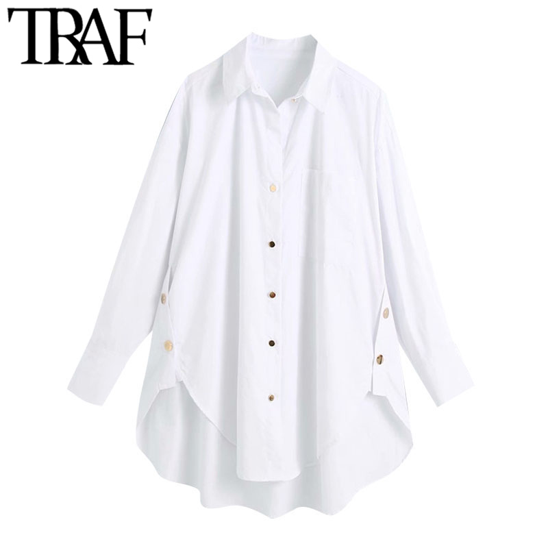 

TRAF Women Fashion With Side Buttons Loose Asymmetrical Blouses Vintage Long Sleeve Pockets Female Shirts Chic Tops, As picture