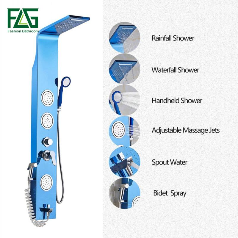 

English Blue Color 304 Stainless Steel Rainfall Shower Panel Rain Massage System Faucet With Jets Hand Set Bathroom Sets