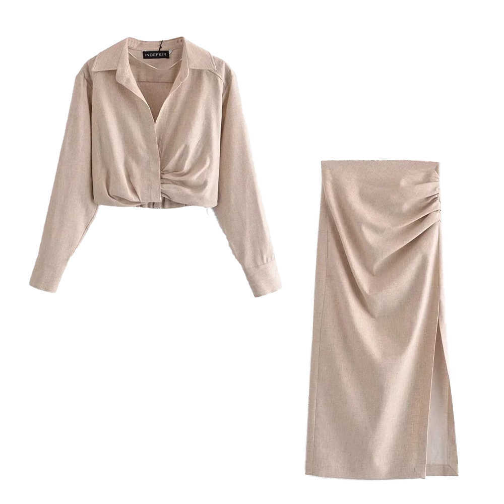 

Women Two piece set Linen Blend Cropped Shirt & Draped Skirt Spring Summer Fashion Casual Cozy Woman 2 piece set 210708