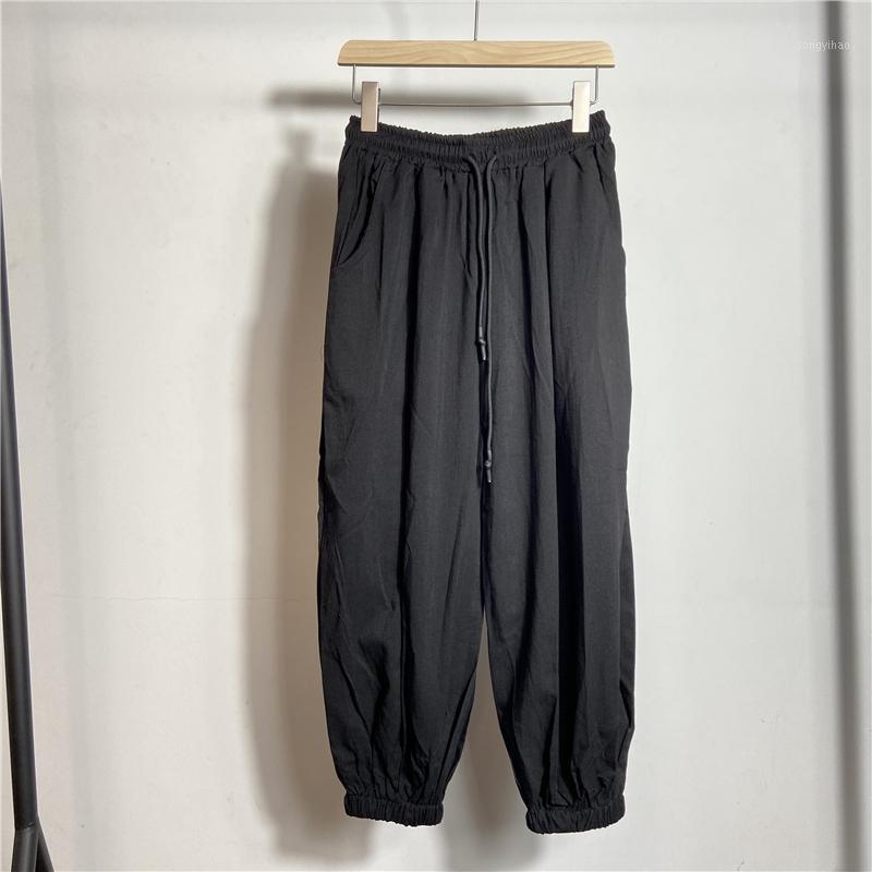 

Men' Pants 2021 Summer Trendy Tether Elastic Waist Legged Harlan Dark Wind Pleated Lantern Design Thin Capri, Black