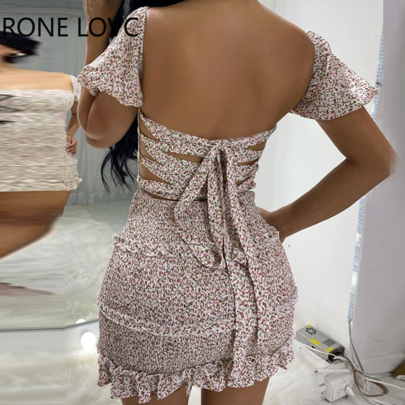 

Women Floral Bandage Backless Frill Hem Shirring Design Casual Dress Elegant Fashion Chic Dress, Pink