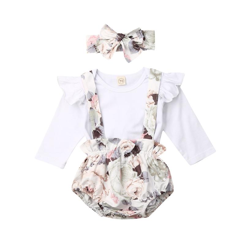

Clothing Sets Infant Baby Girl Clothes Long Sleeve Round Neck Solid Color Tops Romper+Flower Print Bib Shorts Outfit 3-PCS Set Spring Autumn, White