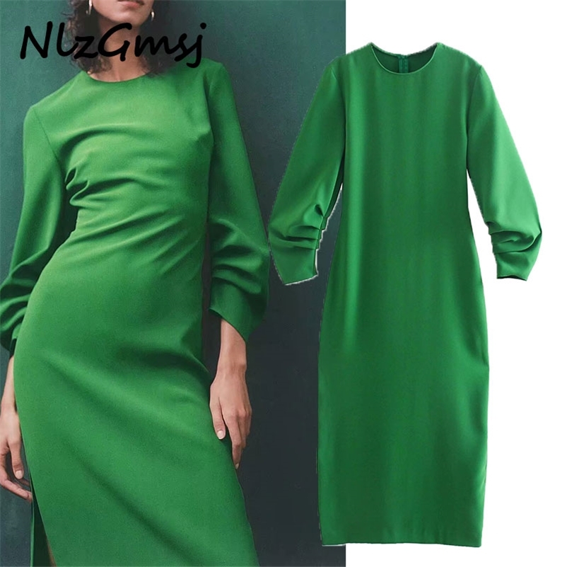 

Dres Green Vintage Evening Party Midi Woman Long Gathered Sleeve Fashion Out Going Vestidos 03 210628, As picture