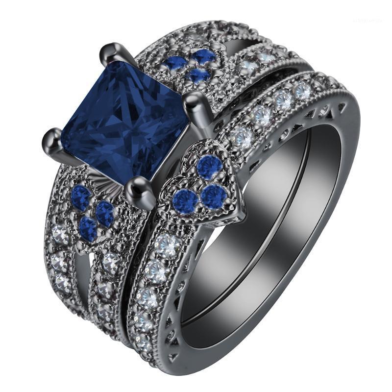 

Heart Ring Set Black Gold Engagement Micro Setting Purple/Royal Blue/Green CZ Finger Vintage Band Rings, Silver