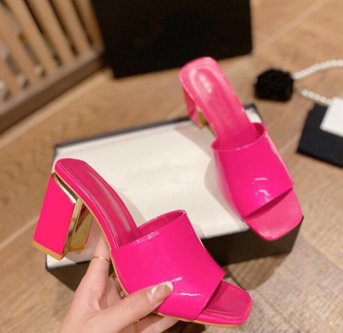 

Summer Beach Slippers MULES Patent Calfskin Dark Beige Purple Black Green Women sandals Designer luxury Slides Outdoor Lady Shoes 22-23, Color 2