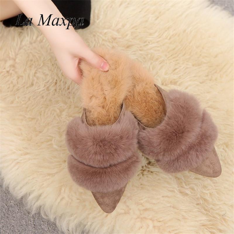 

Mules Shoes Furry Designer Woman Flip Flops Pointed Toe Slippers Fur Pompom Flats Heels Brand Slides Spring Winter Slipper, Black