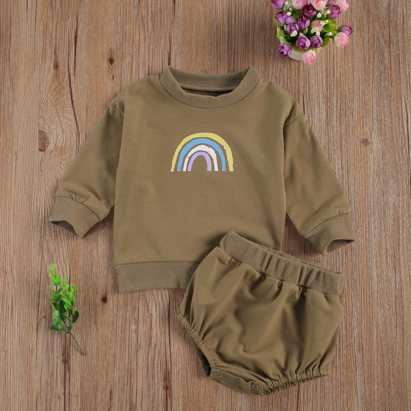 

Clothing Sets 2Pcs Born Baby Boy Girl Clothes Rainbow Print Round Neck Long Sleeve Pullover Tops Solid Color Shorts Outfits Fashion, White