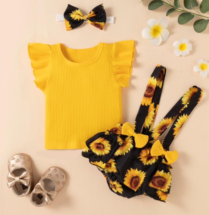 

Clothing Sets Pudcoco Kids Suit Set, Solid Color O-Neck Short Sleeve Tops+ Sunflower Print Suspender Shorts+ Hairband For Girls, 0-24 Months, White