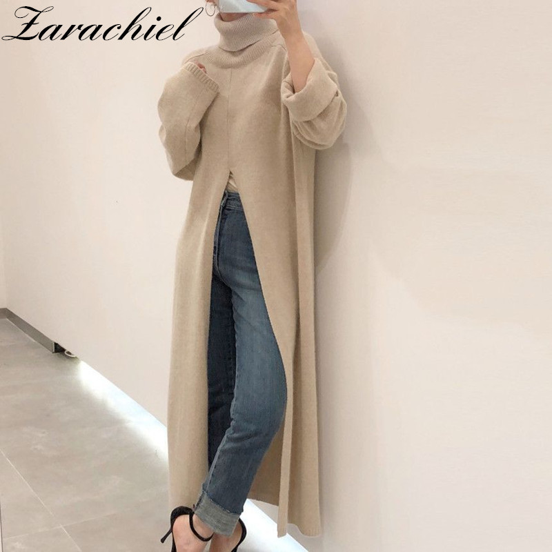 

Women Designer Turtleneck Split Sweater Dress Ladies Long Sleeve Solid Straight Loose Knitted Maxi Dresses Winter vestido 210416, Black